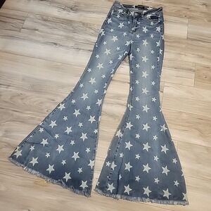 Judy Blue Jeans Womens 3/26 Blue‎ Denim Super Flare Bell Bottom Star Print